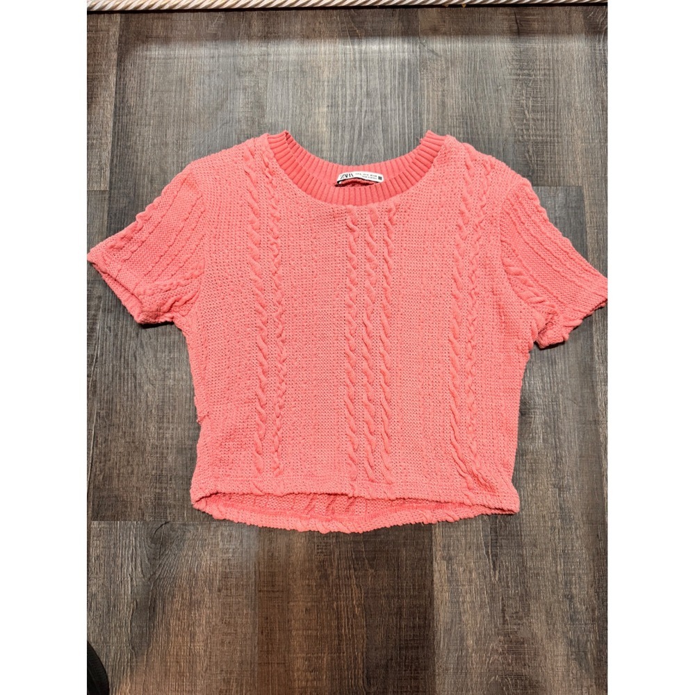 Zara Womens Coral Pink Cable Knit‎ Short Sleeve Cropped Sweater Size Small